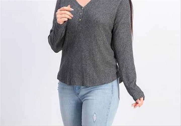 Hippie Rose Juniors' Henley Waffle Knit Top Steel Gray Size Extra Small