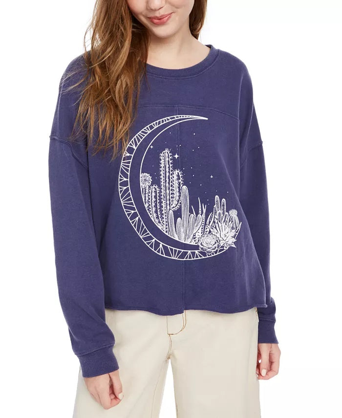 Rebellious One Juniors' Moon Graphic-Print Sweatshirt Dark Blue Size Extra Large