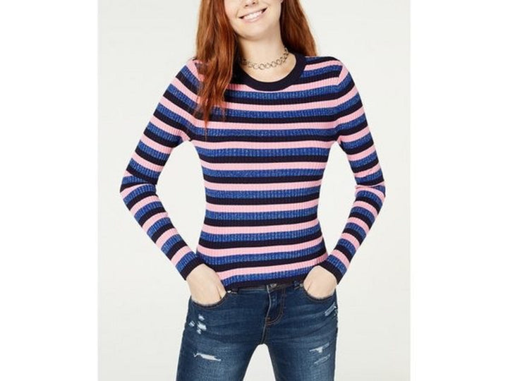 Hooked Up By Iot Juniors' Shine Striped Rib-Knit Sweater Pink Size Extra Small