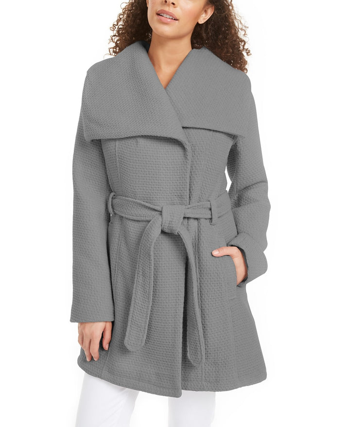 Madden Girl Juniors' Asymmetrical Belted Wrap Coat Silver Size Medium