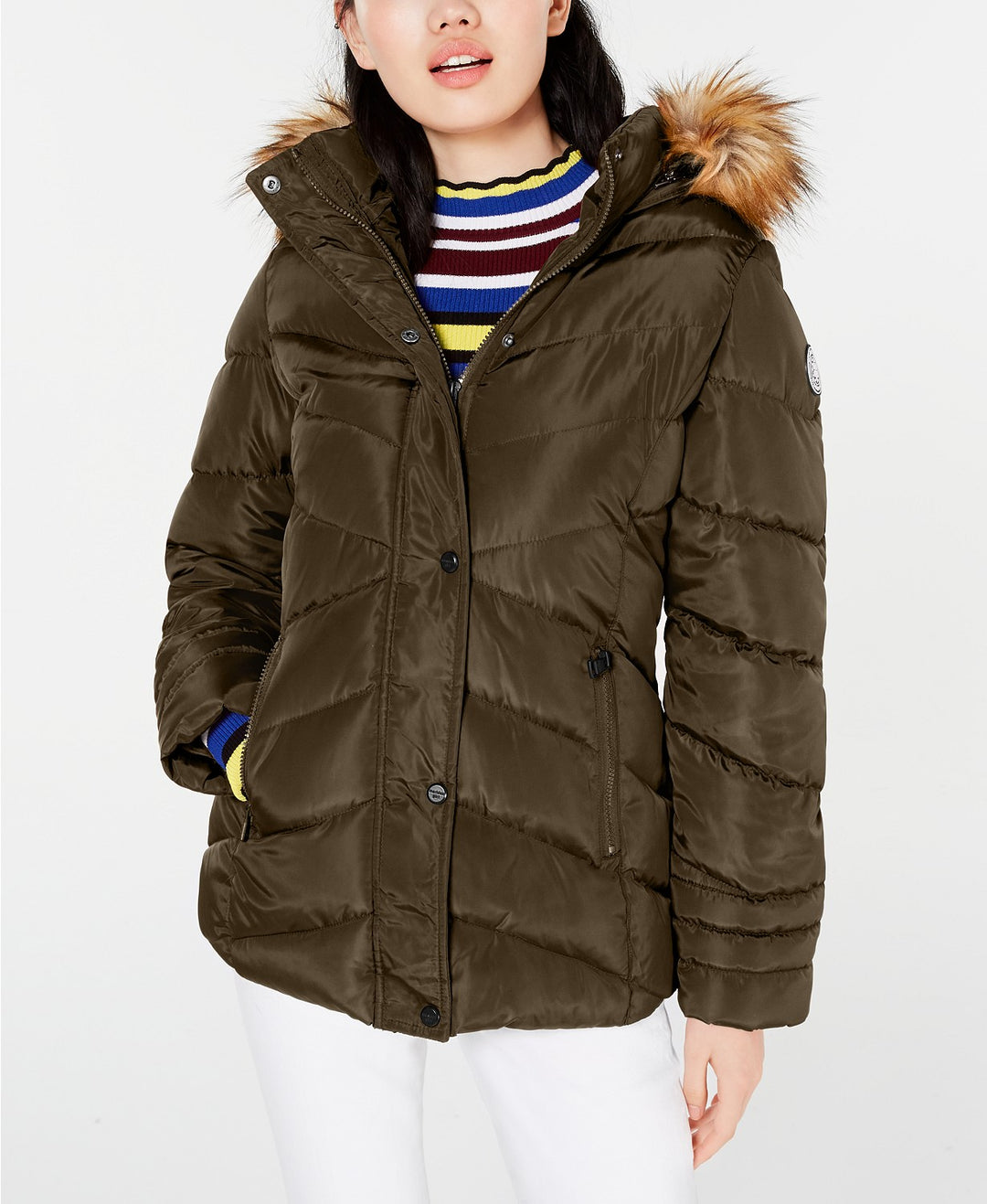 Madden Girl Juniors' Hooded Faux-Faux-Trim Puffer Coat Olive Size Medium