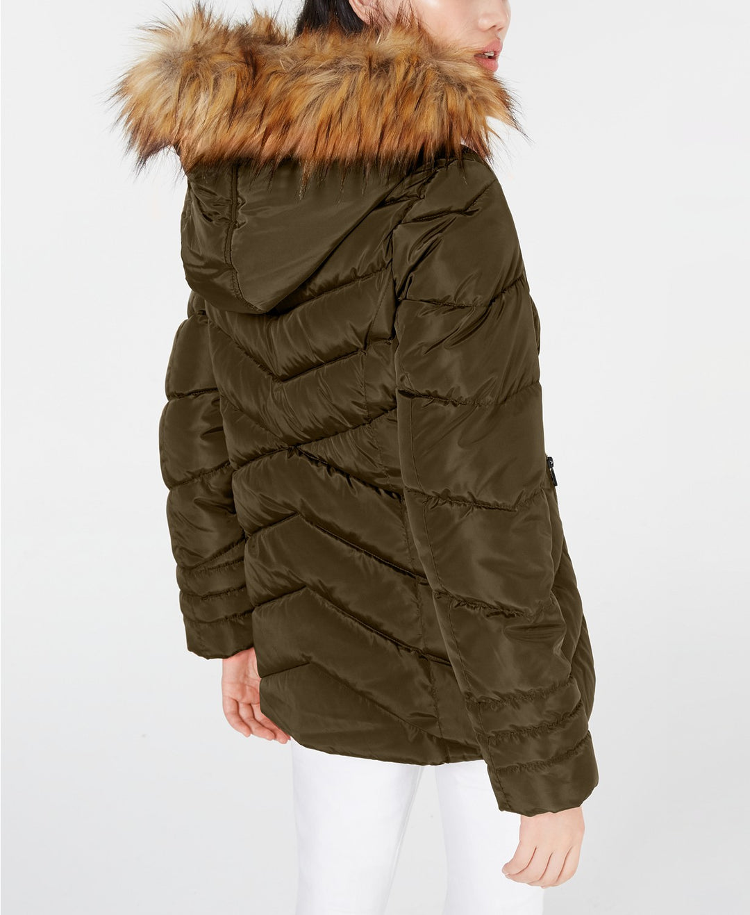 Madden Girl Juniors' Hooded Faux-Faux-Trim Puffer Coat Olive Size Medium