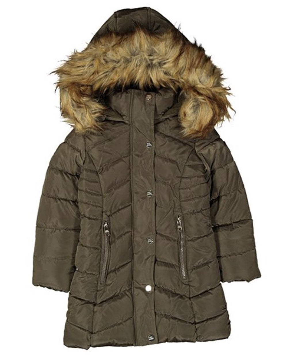 Madden Girl Juniors' Hooded Faux-Faux-Trim Puffer Coat Olive Size Medium