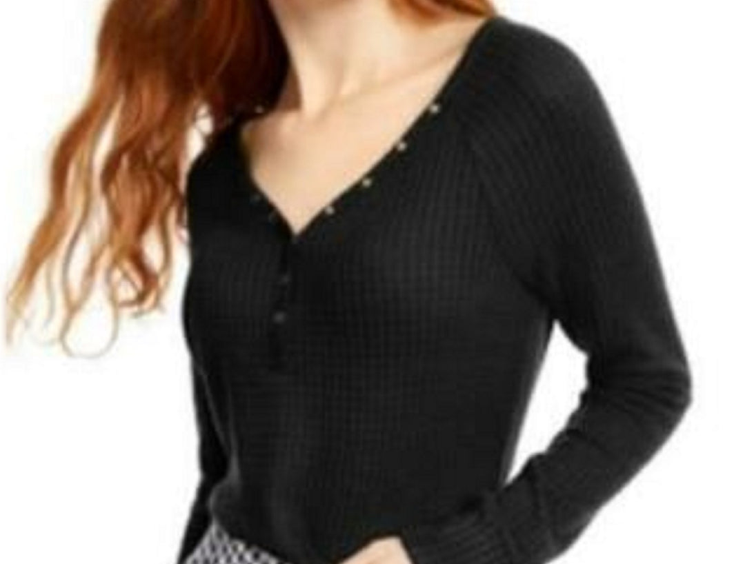 Ultra Flirt Juniors' Cozy Waffle-Knit Henley Top Black Size Small