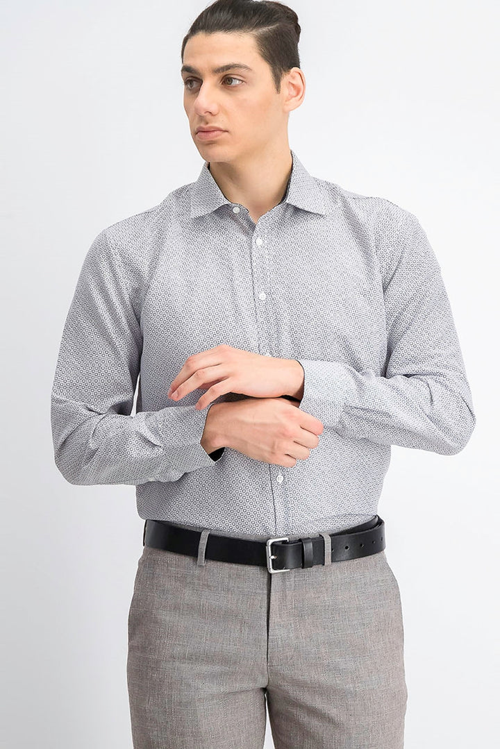 Society Of Threads Men's Slim-Fit Moisture-Wicking Wrinkle-Free Geo-Print Dress Shirt White Size Medium