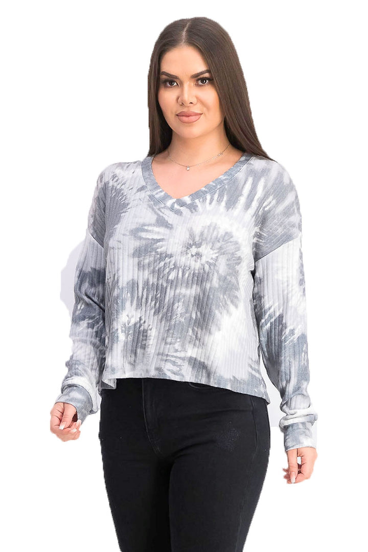 Grave Fame Juniors' Cozy Ribbed Tie-Dyed Top Gray Size Small