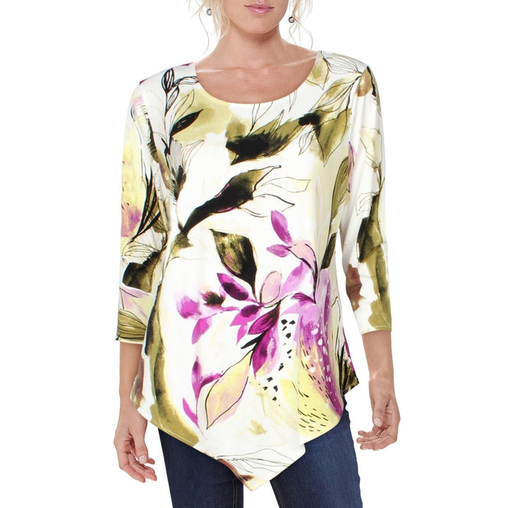 Alfani Women's Floral-Print Point-Hem Top Black Size Extra Large