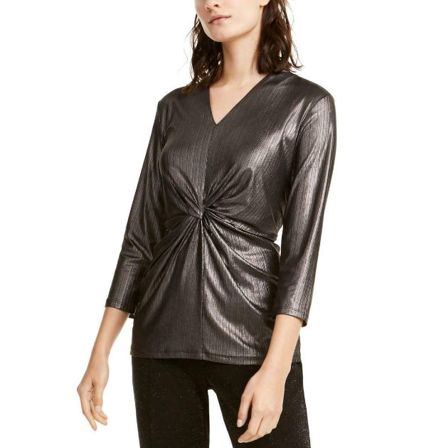 Alfani Women's Metallic Twist-Front Top Black Size Medium