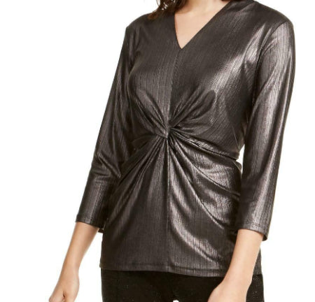 Alfani Women's Metallic Twist-Front Top Black Size Medium