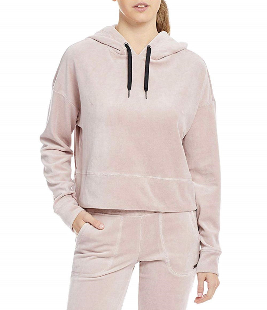Calvin Klein Performance Women's Velour Cropped Full Zip Drawstring Hoodie Pink Size Large