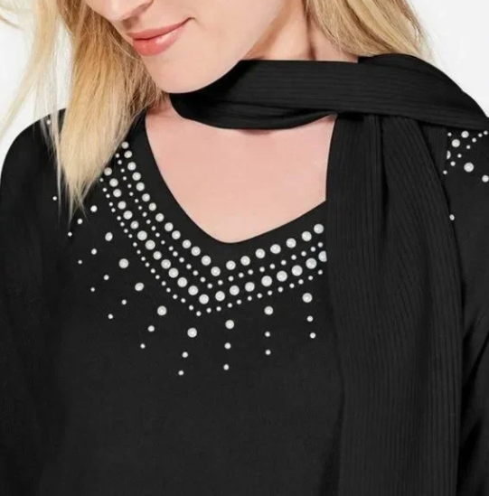 Karen Scott Women's Embellished Scarf Sweater  Black Size Medium