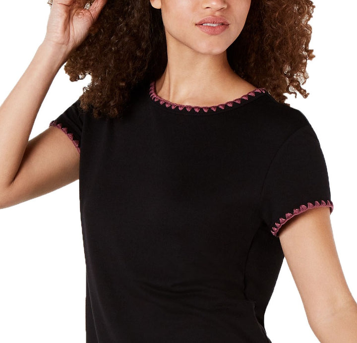 Ideology Women's Blanket-Stitch Drop-Hem T-Shirt Black