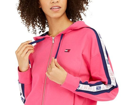 Tommy Hilfiger Women's Sport Logo Zip Hoodie Pink Size X-Large