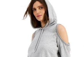 INC International Concepts Women's Cold-Shoulder Fringe Hoodie Gray Size Large