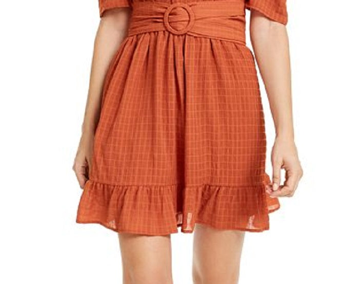 Leyden Women's Puff Sleeve Belted Mini Dress Copper Size Medium