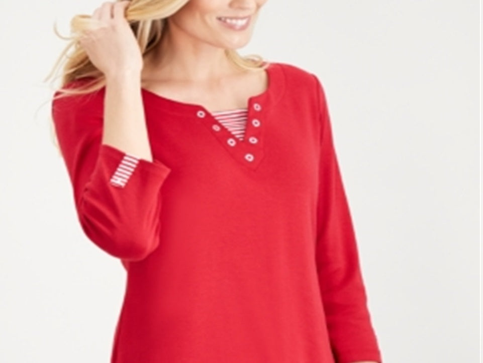 Karen Scott Women's Knit Striped Grommet V Neck Red Size X-Large