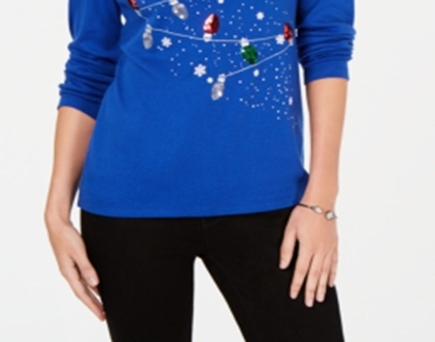 Karen Scott Women's Cotton Holiday Lights Sequin Top Blue Size X-Large