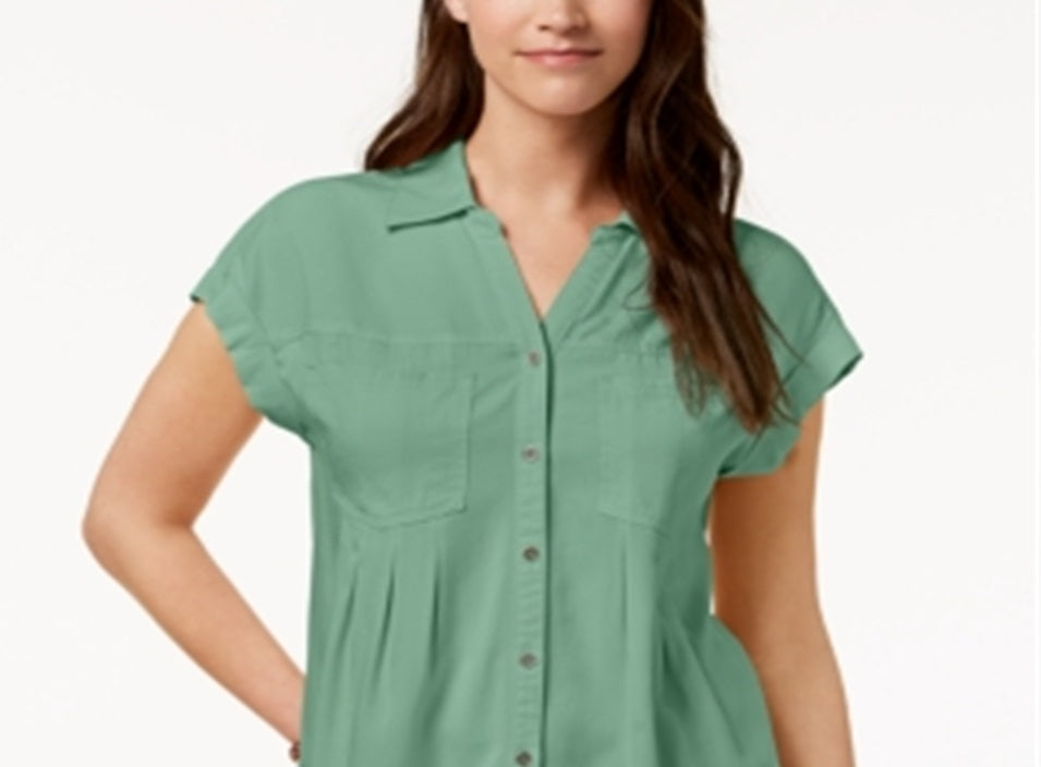 Style & Co Women's Pleated Cuffed Sleeve Top Green Size Large