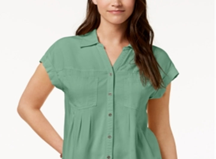 Style & Co Women's Pleated Cuffed Sleeve Top Green Size Large