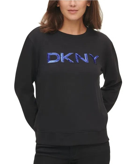 DKNY Patch-Sequin Logo Sweatshirt Black/Blue Size XXS