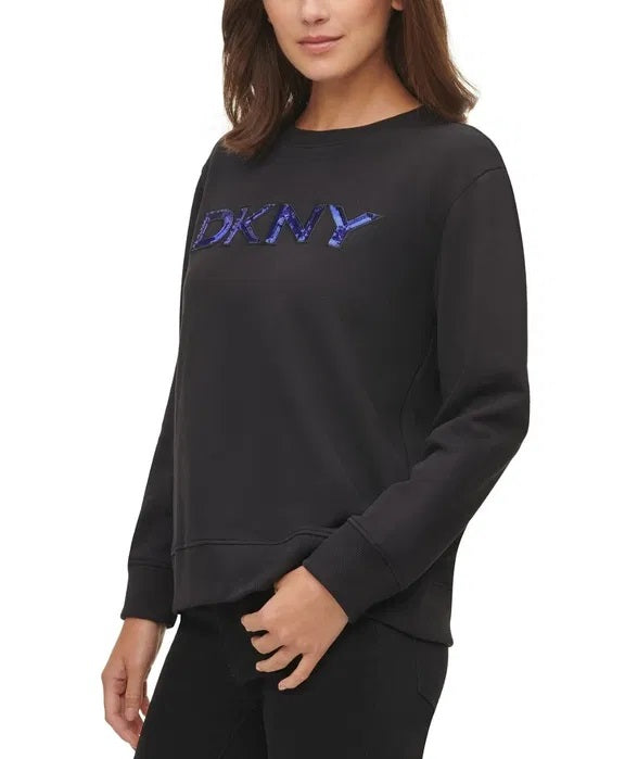 DKNY Patch-Sequin Logo Sweatshirt Black/Blue Size XXS