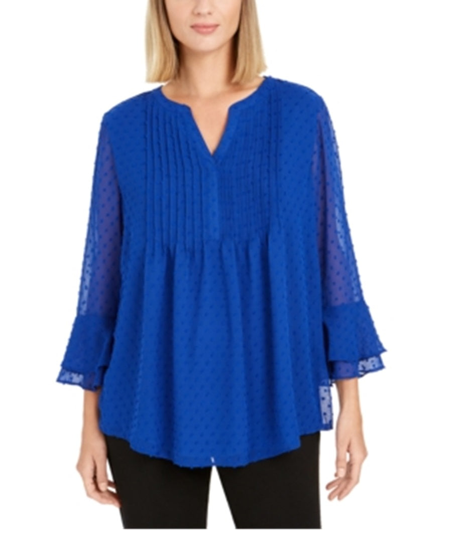 Charter Club Women's Double Ruffle Textured Pintuck Top Blue Size X-Small