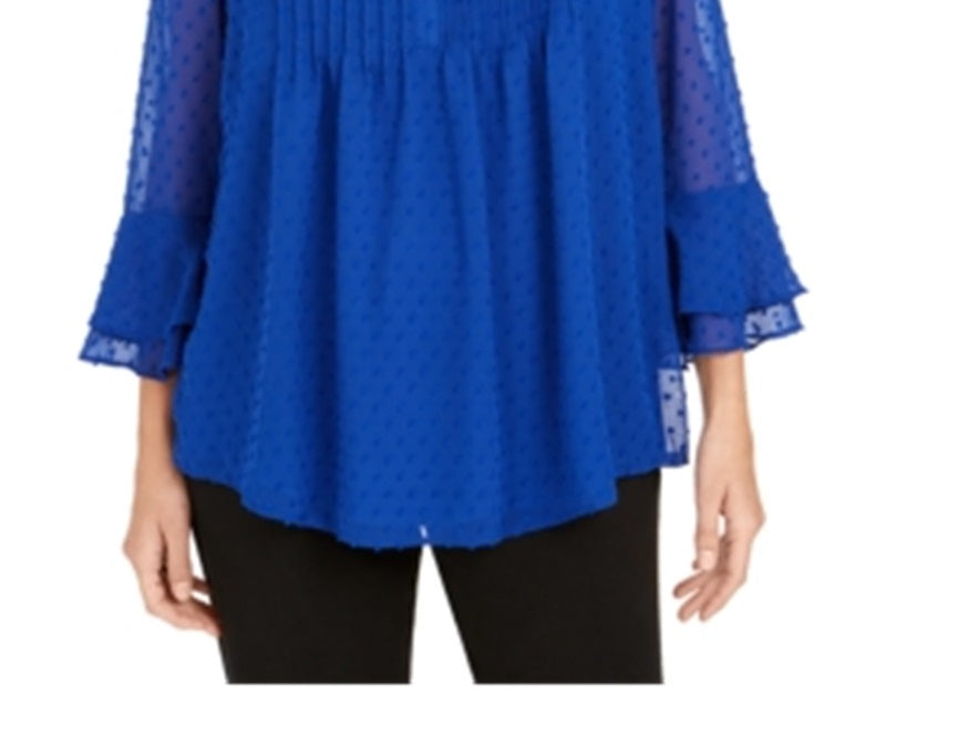 Charter Club Women's Double Ruffle Textured Pintuck Top Blue Size X-Small