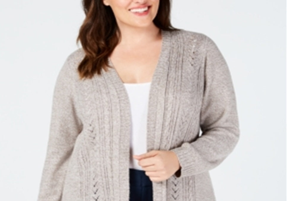 Karen Scott Women's Pointelle Open Front Cardigan Beige Size 4X