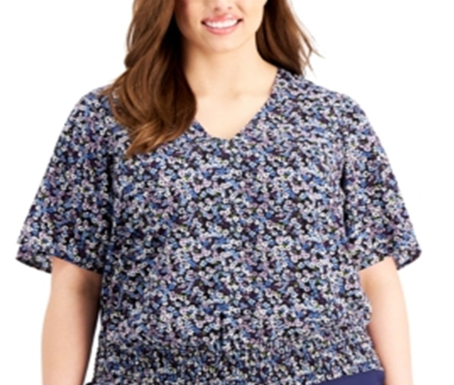 Michael Kors Women's Floral V Neck Top Blue Size 1X