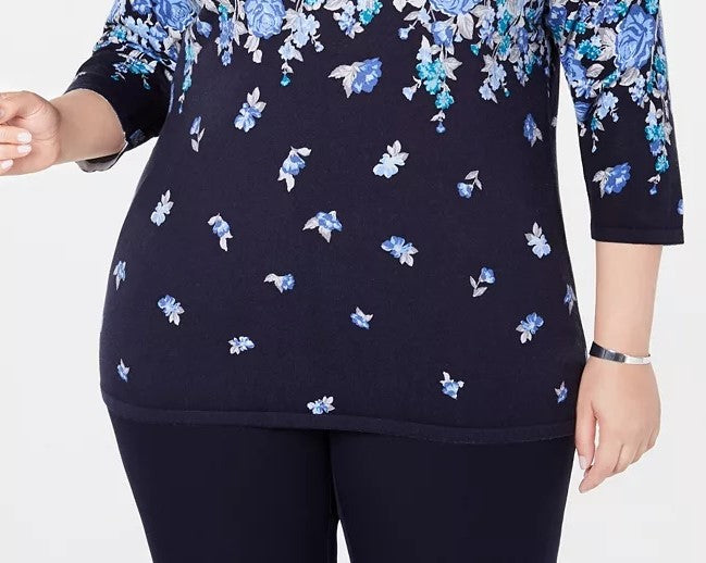 Karen Scott Women's Plus Size Floral-Print Sweater Navy Size 1X