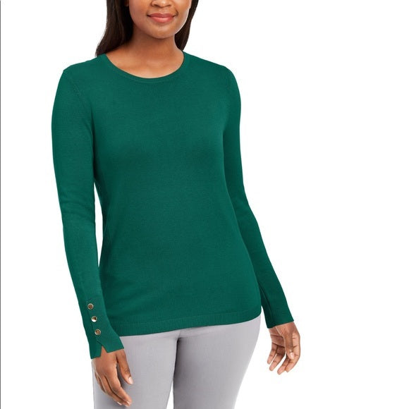 JM Collection Women's Button-Cuff Crewneck Sweater Dark Green Size Large