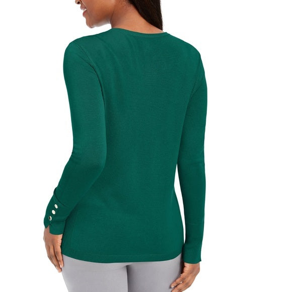 JM Collection Women's Button-Cuff Crewneck Sweater Dark Green Size Large