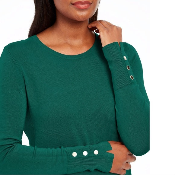 JM Collection Women's Button-Cuff Crewneck Sweater Dark Green Size Large
