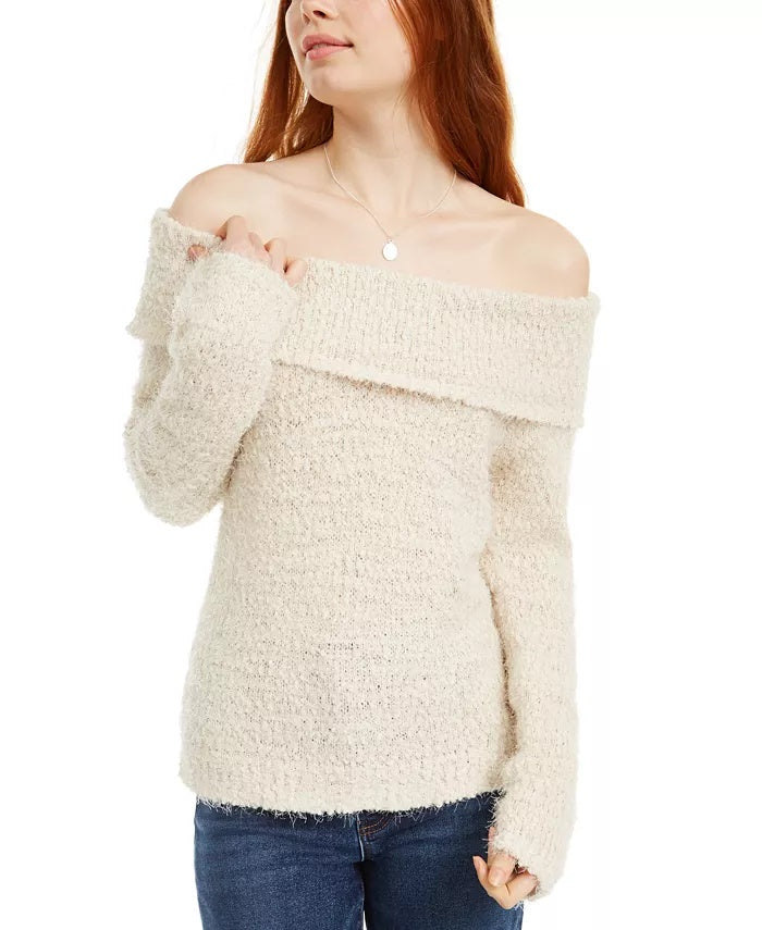 Freshman Junior's Off The Shoulder Fuzzy Sweater White Size Small