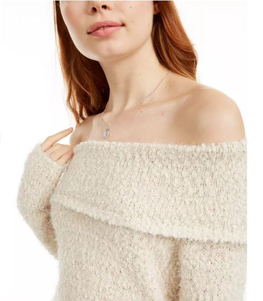 Freshman Junior's Off The Shoulder Fuzzy Sweater White Size Small