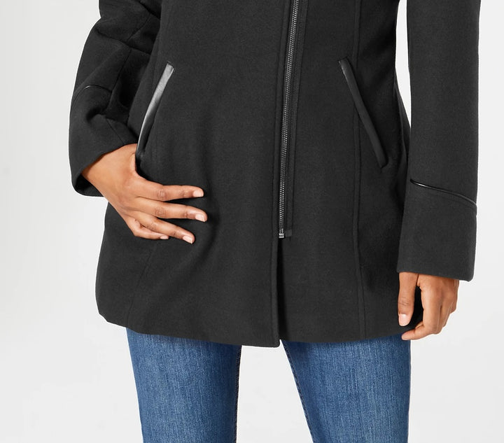 Maralyn & Me Juniors'  Faux-Faux-Trim Hooded Coat Black Size Large