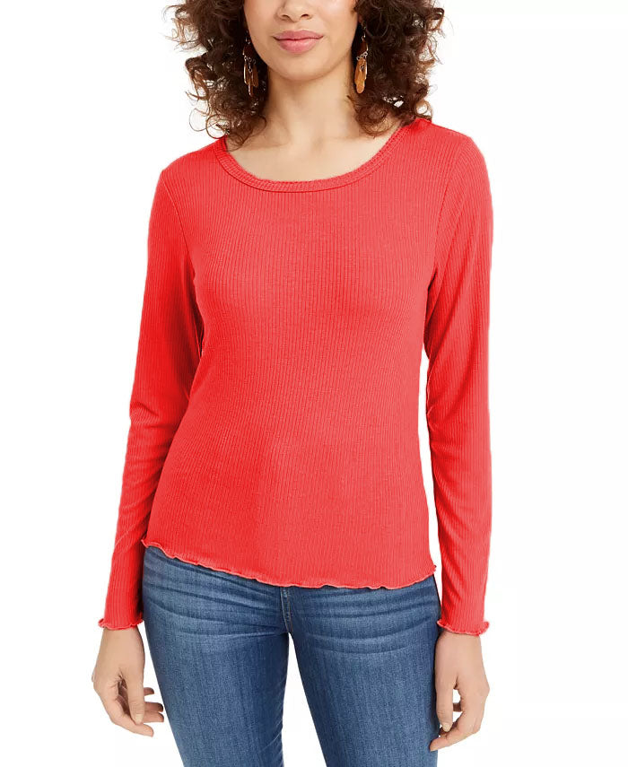 Hippie Rose Juniors' Ribbed Lettuce-Edge Top Bright Red Size Small