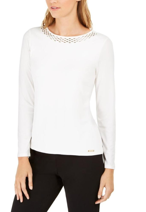 Calvin Klein Women's Embellished-Neck Top White Size Small