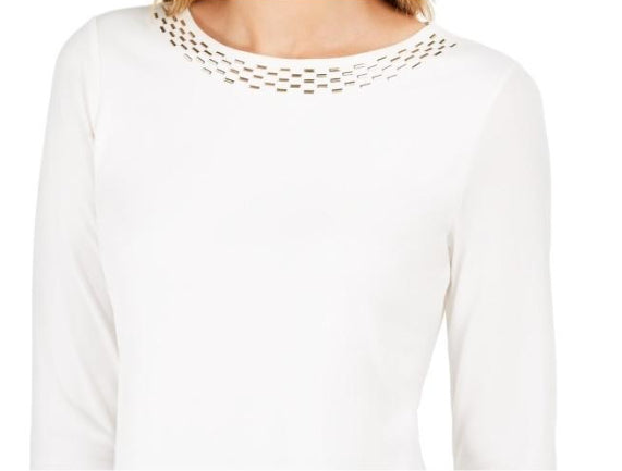 Calvin Klein Women's Embellished-Neck Top White Size Small