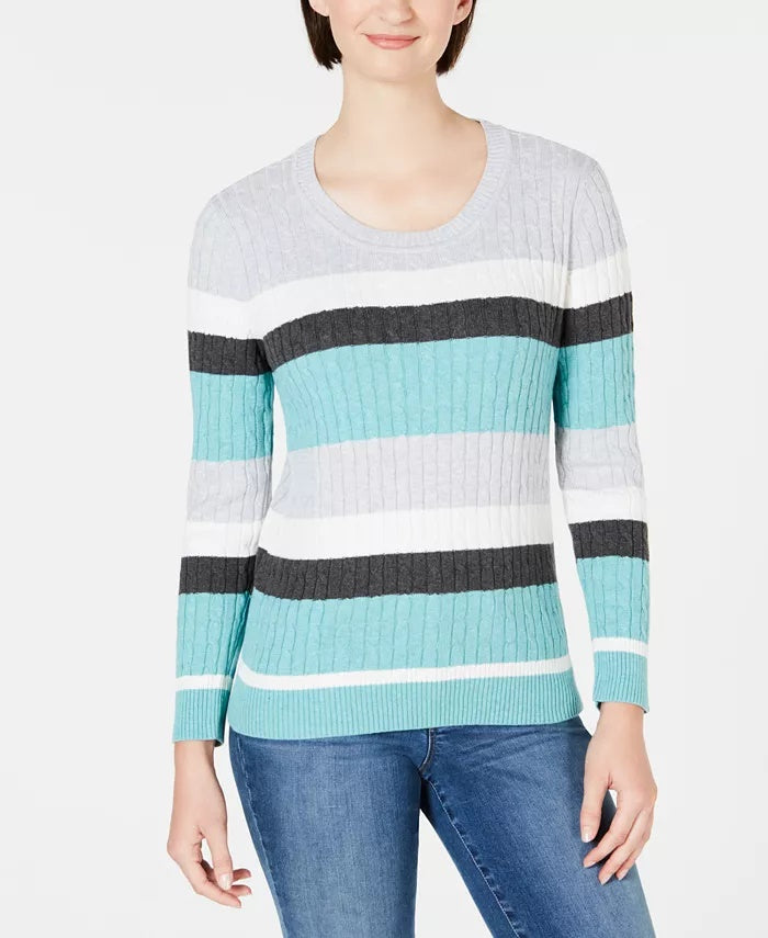 Karen Scott Women's Veronica Striped Cotton Cable Sweater Turq/Aqua Size Medium