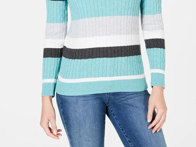 Karen Scott Women's Veronica Striped Cotton Cable Sweater Turq/Aqua Size Medium