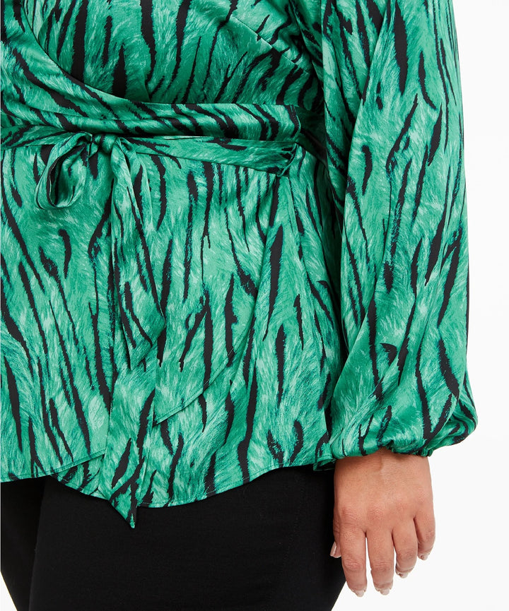 INC International Concepts Women's Plus Size Animal-Print Wrap Top Med Green Size 2X