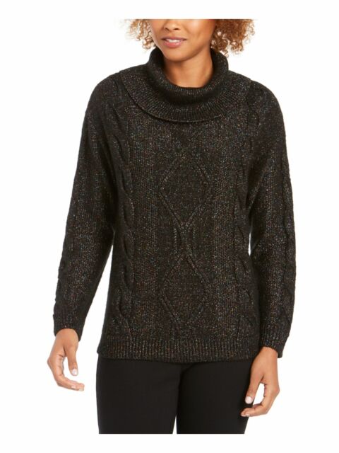 Charter Club Women's Cowl-Neck Cable-Knit Glitter Sweater Black Size Large