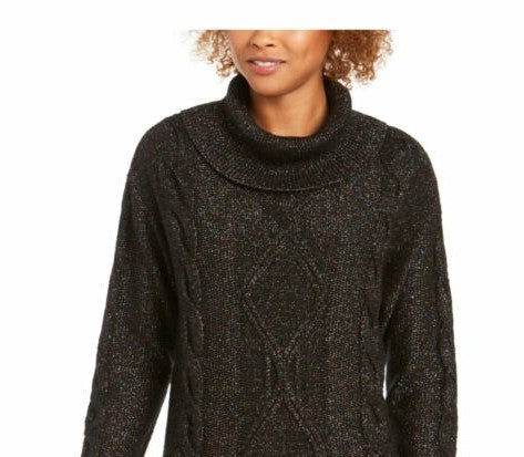 Charter Club Women's Cowl-Neck Cable-Knit Glitter Sweater Black Size Large